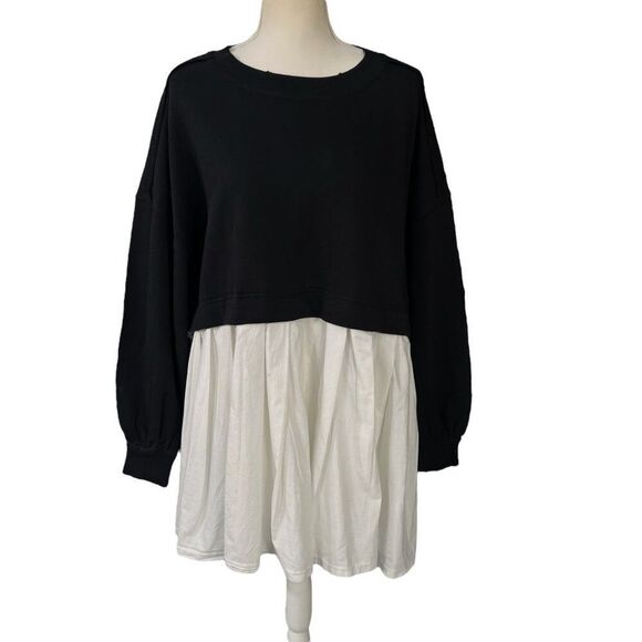 Free People NWT Eleanor Two Tone Oversized Sweatshirt Dress Black and White Sz S - Picture 1 of 10